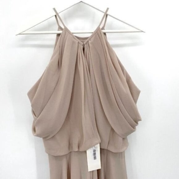 Kleinfeld Bridesmaid Cappuccino Sleeveless Chiffon Cold Shoulder 14 Maxi Dress - Picture 5 of 12